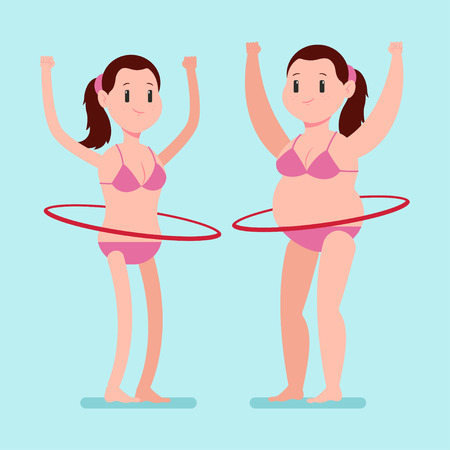 Fat and thin girl in a swimsuit doing fitness exersises with hula hoop. Vector cartoon woman character isolated on background. Weight loss concept illustration.のイラスト素材