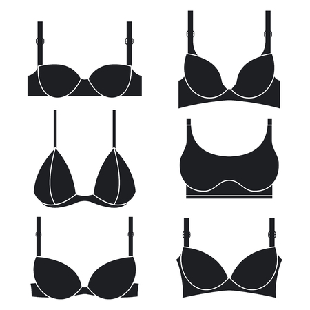 Brassieres of different types. Female bras vector black silhouettes icons set isolated on white background.のイラスト素材