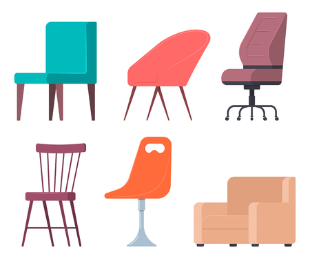 Chairs and armchairs vector flat set of home and office furniture elements isolated on white background.のイラスト素材