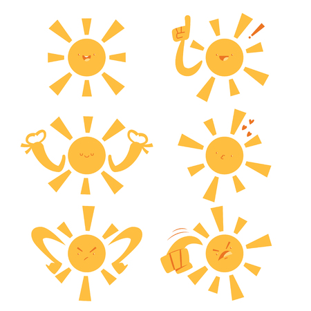 Funny sun with different emotions and expressions. Vector cartoon flat cute characters set isolated on white background.のイラスト素材