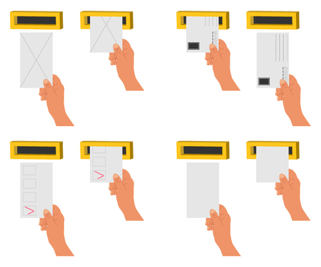 Hand send letter and blanks in a letterbox. Vector cartoon flat icons set isolated on a white background.のイラスト素材