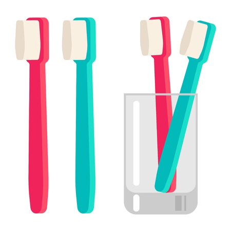 Toothbrush in glass cup vector cartoon flat illustration isolated on a white background.のイラスト素材