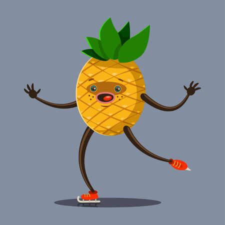 Cute Pineapple cartoon character skating on ice rink. Illustration of winter sport and eating healthy. Vector flat funny fruit icon with emotion isolated on background.のイラスト素材