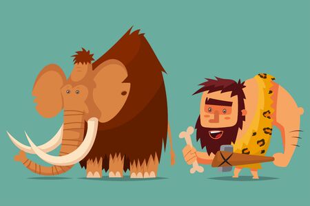 Mammoth and caveman with a stone age weapon in his hand. Vector cartoon illustration of a primitive Neanderthal man hunting for a prehistoric animal.のイラスト素材