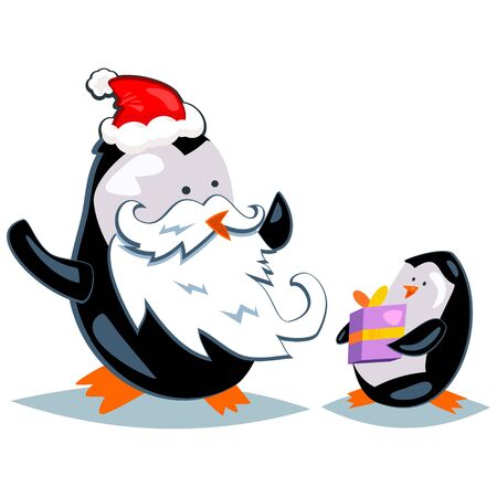 Penguin Santa Claus gives a gift to the kid. Vector cartoon holiday illustration of animals isolated on a white background.のイラスト素材