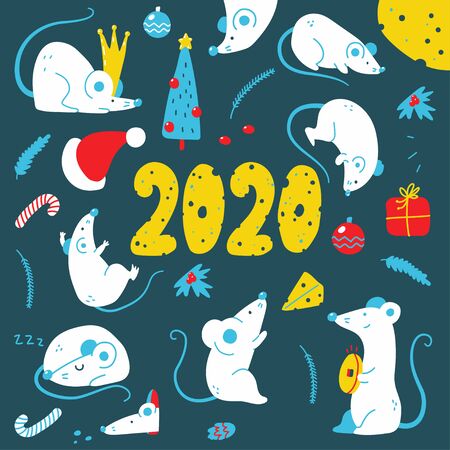 Christmas rat vector cartoon characters set isolated on background.のイラスト素材