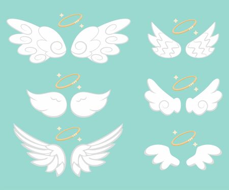 Angel wings with gold nimbus. Cartoon vector icons set isolated on background.のイラスト素材
