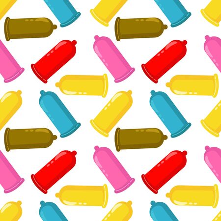 Colored condoms vector seamless pattern on a white background for wallpaper, wrapping, packing, and backdrop.のイラスト素材