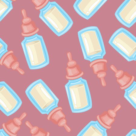 Baby milk bottle vector seamless pattern on a pink background for children's wallpaper, wrapping, packing, and backdrop.のイラスト素材