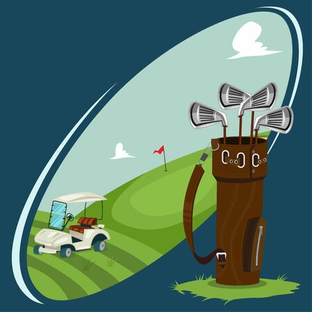 Golf club illustration with a green field for a sport game, electric car and clubs. Vector cartoon design.のイラスト素材