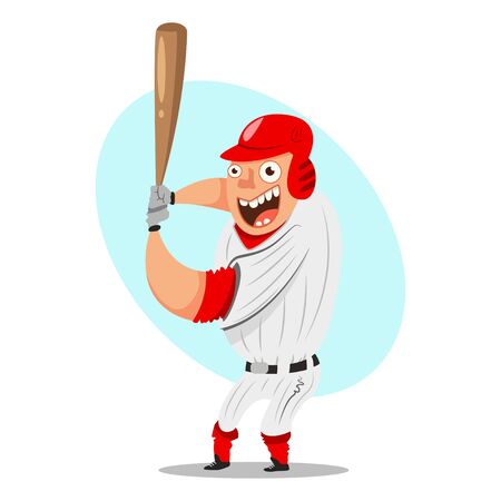 Batter baseball player. Cartoon character man with a bat and classic sportswear. Vector illustration isolated on white background.のイラスト素材
