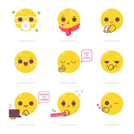 Funny emotions of diseases and protection against the virus vector cartoon set isolated on a white background.のイラスト素材