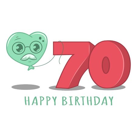 70th Happy birthday template element for design greeting cards, invitations. Cartoon illustration of a balloon character and numbers. Anniversary birthdays vector icon.のイラスト素材
