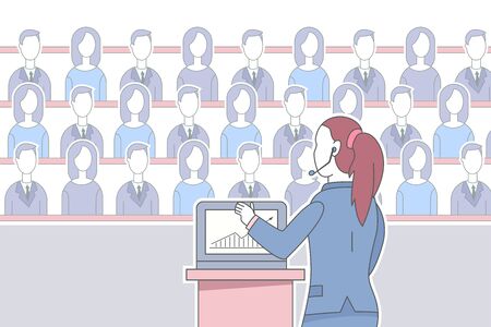 Girl speaker in headset with laptop gives a speech to the audience at a business conference. Vector concept illustration of trainings and presentations.のイラスト素材