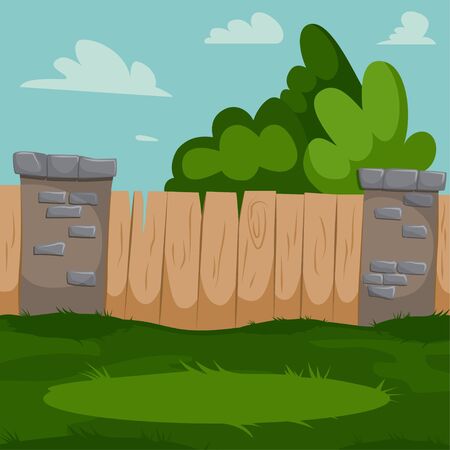 Backyard vector cartoon illustration with wooden fence, brick pillars and green grass.のイラスト素材
