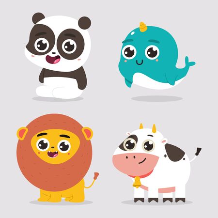 Cute baby animals vector cartoon characters set isolated on a white background.のイラスト素材