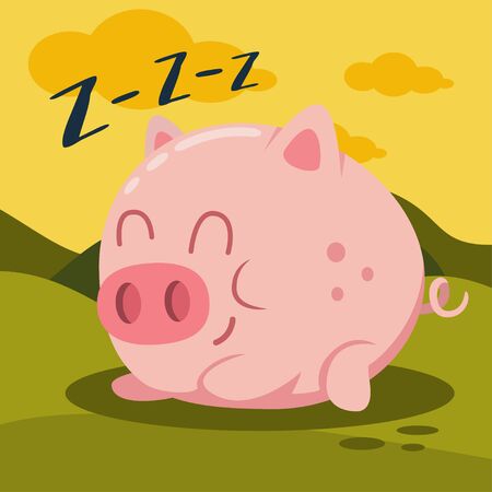 Cute pink pig sleeping on green grass vector cartoon illustration. Farm animal.のイラスト素材