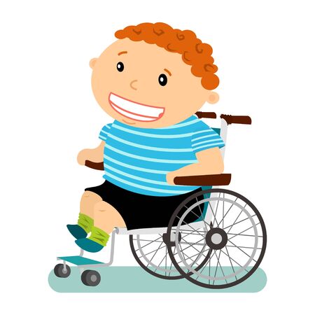 Disabled boy in a wheelchair isolated on white background. Vector cartoon flat character.のイラスト素材
