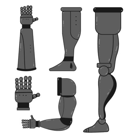 Robot hands and legs vector cartoon set isolated on white background. Prosthetics concept illustration.のイラスト素材