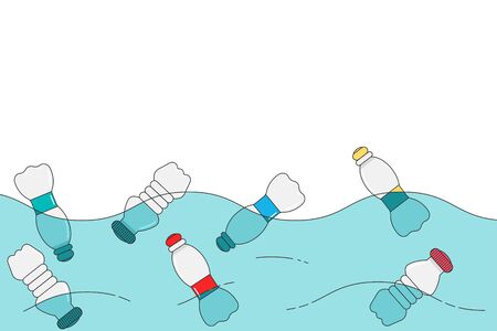 Plastic bottle in the ocean. Sea with trash, garbage, waste. Vector linear flat illustration of polluted environment.のイラスト素材