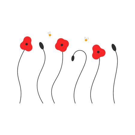 Red poppies with bumblebees. Vector cartoon flat flowers set isolated on white background.のイラスト素材