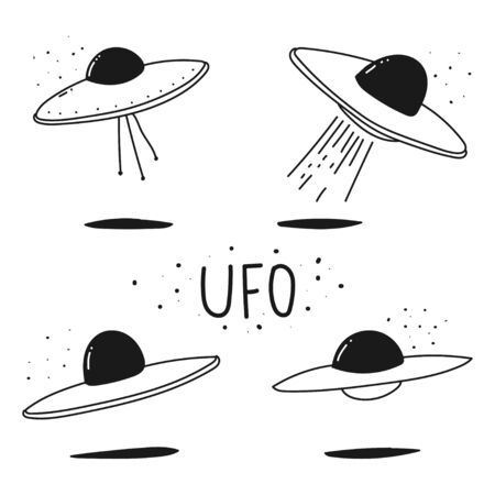 UFO doodle hand drawn vector set isolated on a white background.のイラスト素材