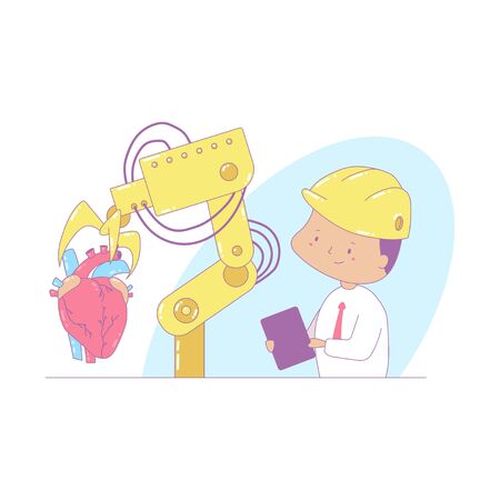 Industry vector cartoon concept illustration with robot and an engineer.のイラスト素材