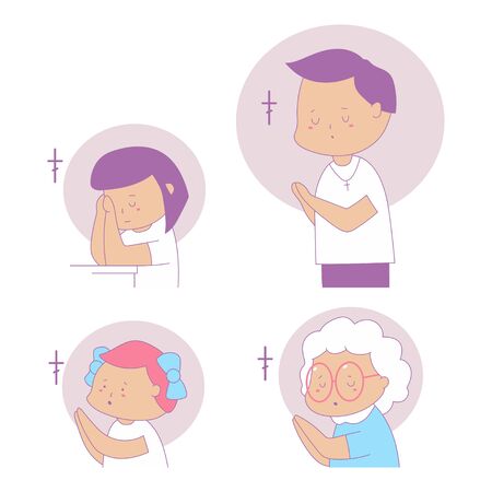 Praying people vector cartoon characters set isolated on a white background.のイラスト素材
