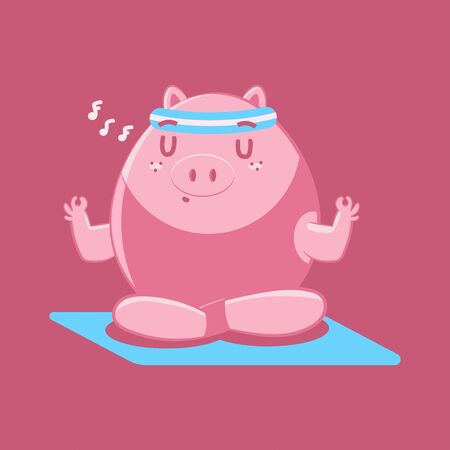 Cute pig in yoga lotus poses vector cartoon character isolated on a background.のイラスト素材