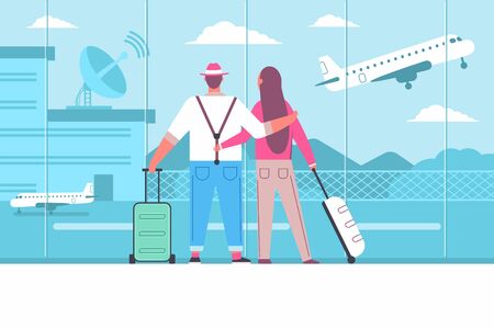 Family in the airport with luggage. Young couple waiting for airplane in the terminal. Passengers and travel vector cartoon flat concept illustration.のイラスト素材