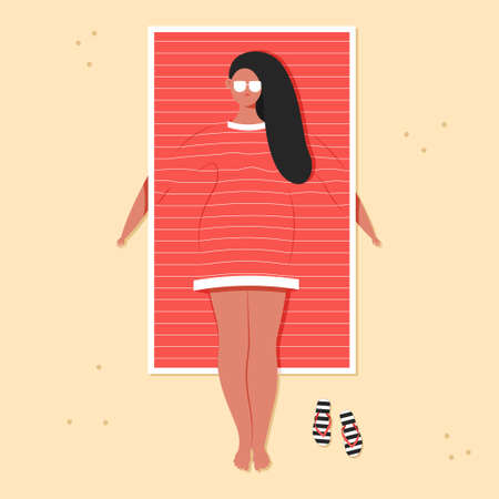 Woman in beach towel bathing suit vector cartoon character illustration.のイラスト素材