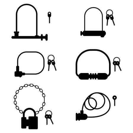 Bike lock and key vector black silhouette set isolated on a white background.のイラスト素材
