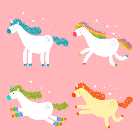 Cute unicorns vector cartoon characters set isolated on pink background.のイラスト素材