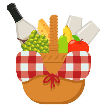 Picnic basket with food and wine. Vector cartoon illustration isolated on a white background.のイラスト素材
