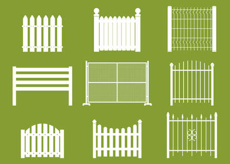 White fences of different shapes vector cartoon flat set isolated on background.のイラスト素材