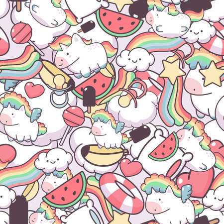 Kawaii unicorn and cloud vector seamless pattern.のイラスト素材