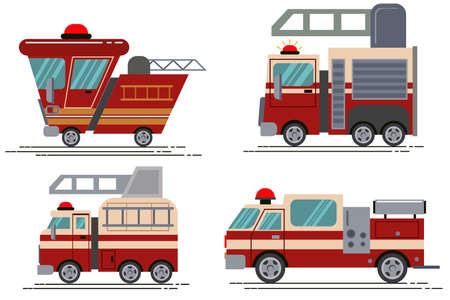 Cartoon fire truck vector icon set isolated on white background. Illustration of kids toys in a flat...