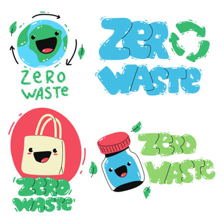 Zero waste cute cartoon stickers vector set isolated on a white background.のイラスト素材