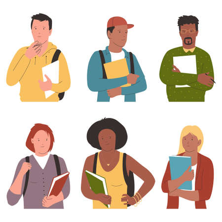 Students with book vector cartoon characters set isolated on a white background.のイラスト素材