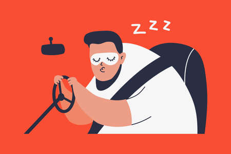 Sleeping man driving a car. Vector cartoon illustration isolated on background.のイラスト素材