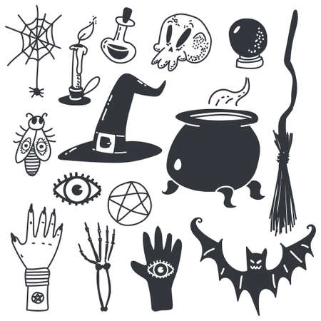 Witchcraft symbols for Halloween. Magic vector cartoon icons set isolated on a white background.のイラスト素材
