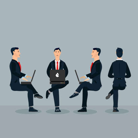Businessman sitting with a laptop. View front, left, right and rear. Vector flat people illustration isolated on background.のイラスト素材