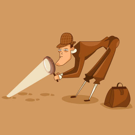 Detective in the hat is looking for clues through a magnifying glass character. Vector illustration of a male investigator.のイラスト素材