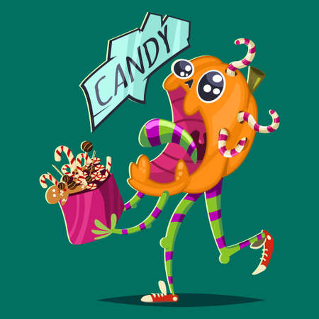 Funny zombie pumpkin with candy. Vector Halloween banner with cartoon vegetable character.のイラスト素材