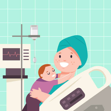 Child hugs a mother with cancer. Vector cartoon flat medical illustration of patients in a hospital room.のイラスト素材