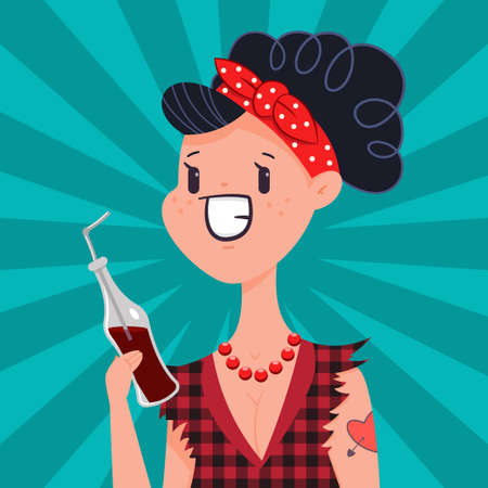 Cute pin up girl with tattoo drink soda water. Vector cartoon woman character in pop art vintage style isolated in background.のイラスト素材