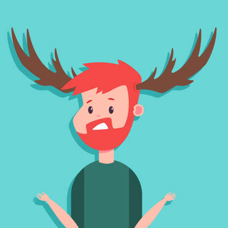 Surprised man with antlers vector cartoon character isolated on background.のイラスト素材