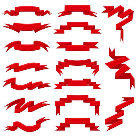 Ribbon banner flat vector set. Template design for text, sales, awards. Cartoon illustration of a red folded ribbon isolated on white background.のイラスト素材