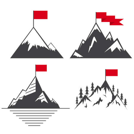 Mountains top flag vector icons set. Logo outdoor adventure tourism, expedition, hiking and camping isolated on white background.のイラスト素材