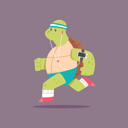 Cute Turtle cartoon character doing exercises. Fitness and healthy lifestyle. Vector illustration of funny animal isolated on background.のイラスト素材
